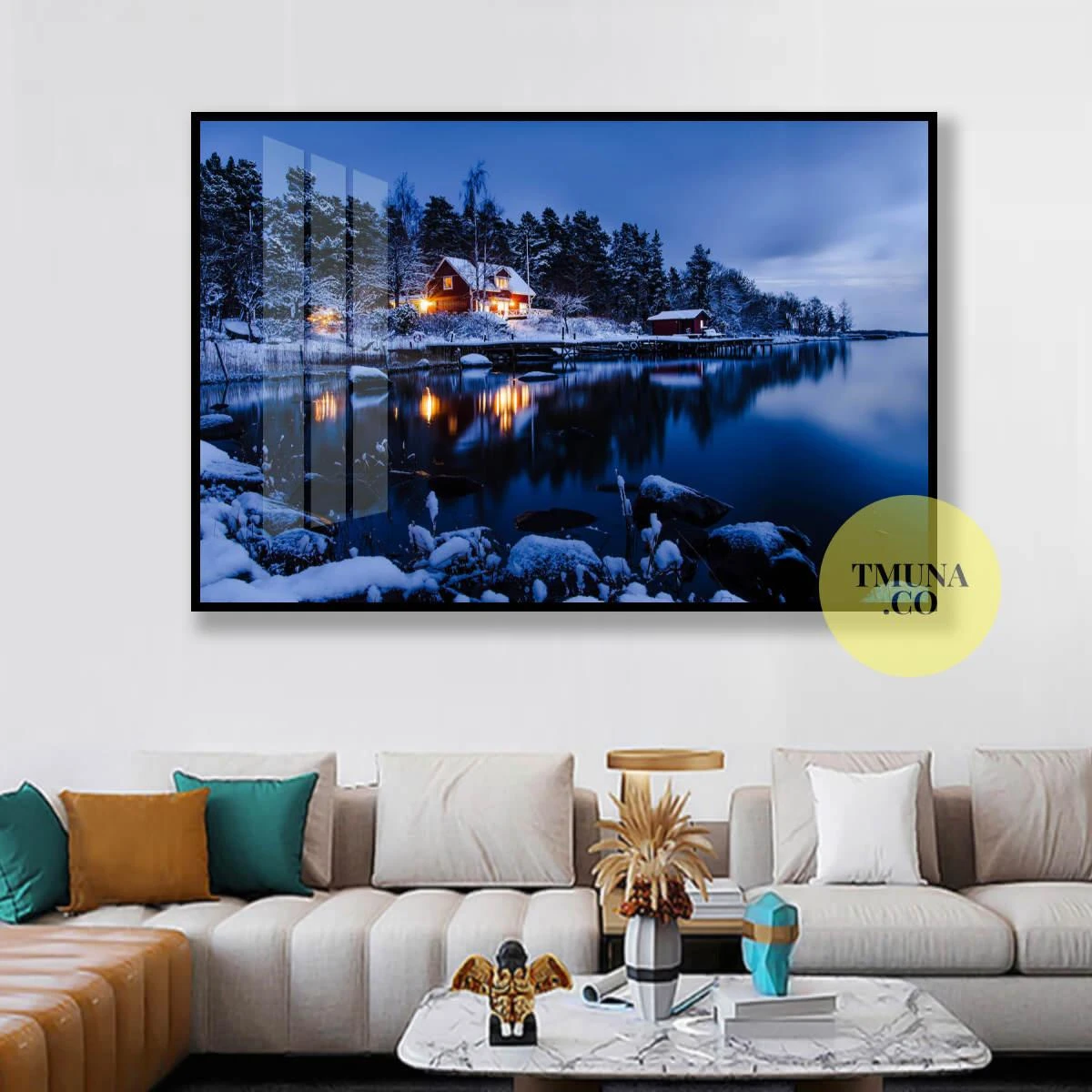 הבקתה באגם - תמונה חורפית לתליה בסלון או בקליניקה הדפסה על קנבס או זכוכית דגם 3728676