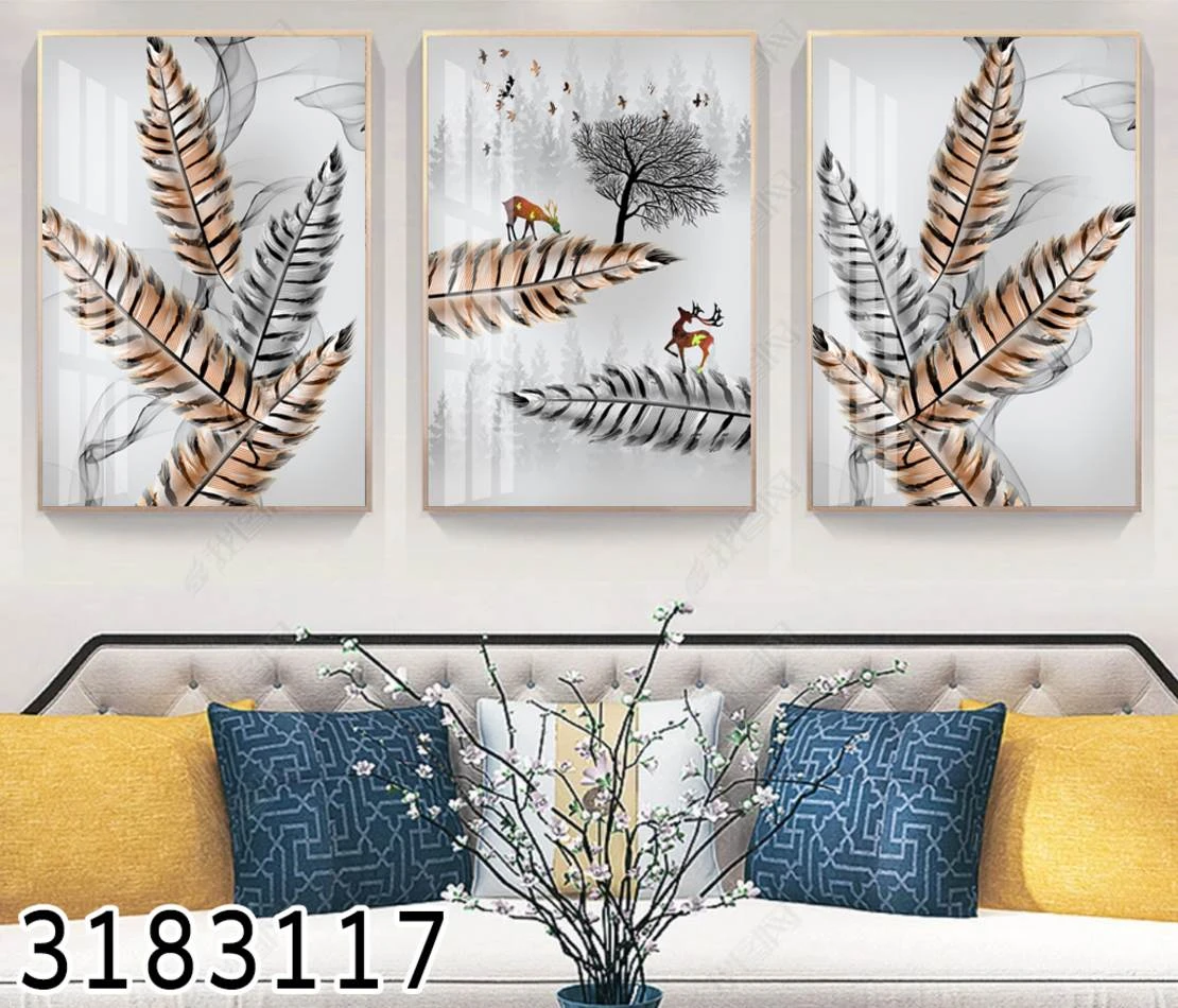 תמונות של נוצות עצים ואילים על זכוכית סט שלישייה על קנבס או זכוכית דגם 3183117