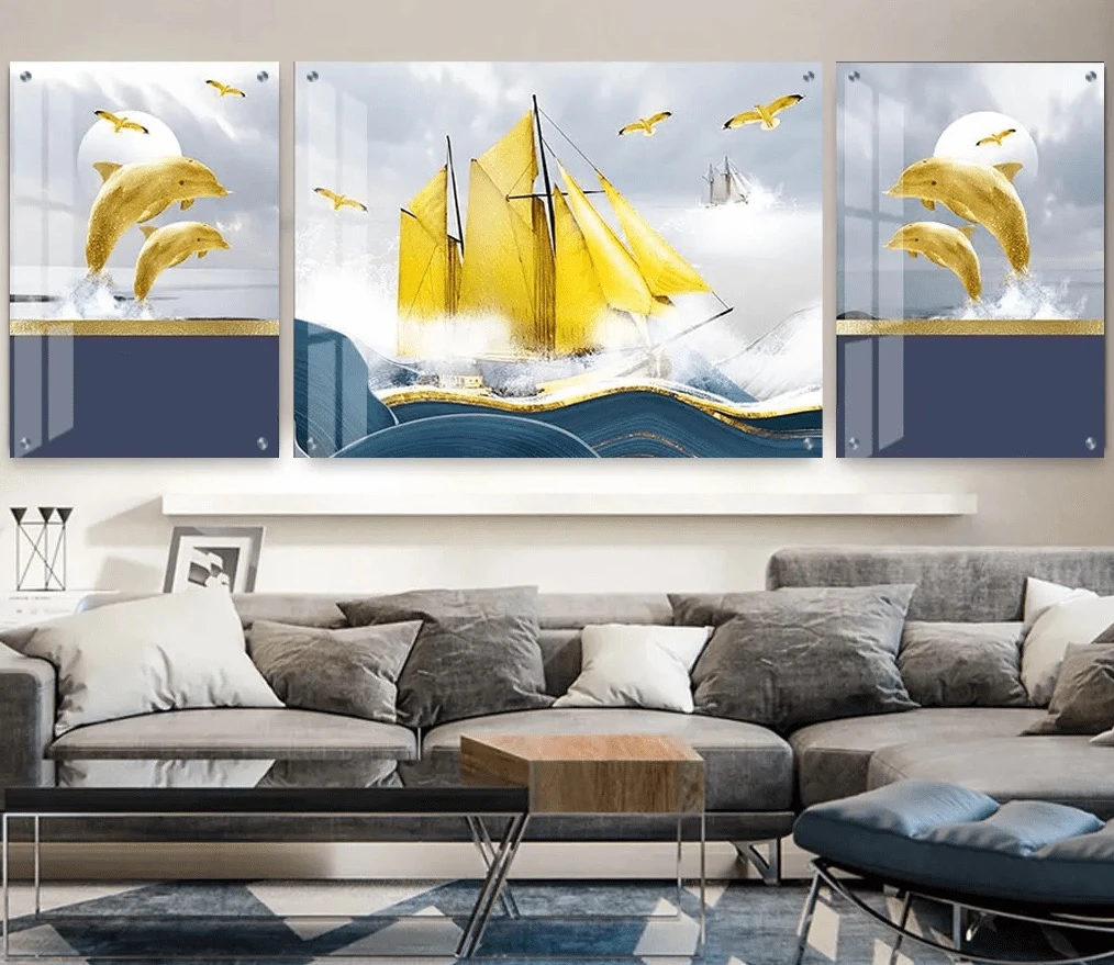 טרנדי: 3 תמונות זכוכית סירה ודולפין בגווני זהב, כחול, אפור לסלון - דגם g24122056