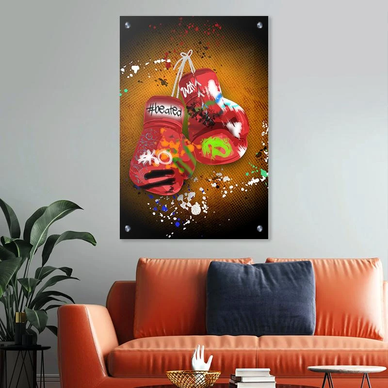 תמונה קיר למכון אגרוף כפפות אגרוף רקע כתום בגודל 80X120 ס"מ ציור בנושא גרפיטי, ציורים מגיע בקנבס מתוח על מסגרת עץ, זכוכית ומנטים כסופים - דגם 135321Orange