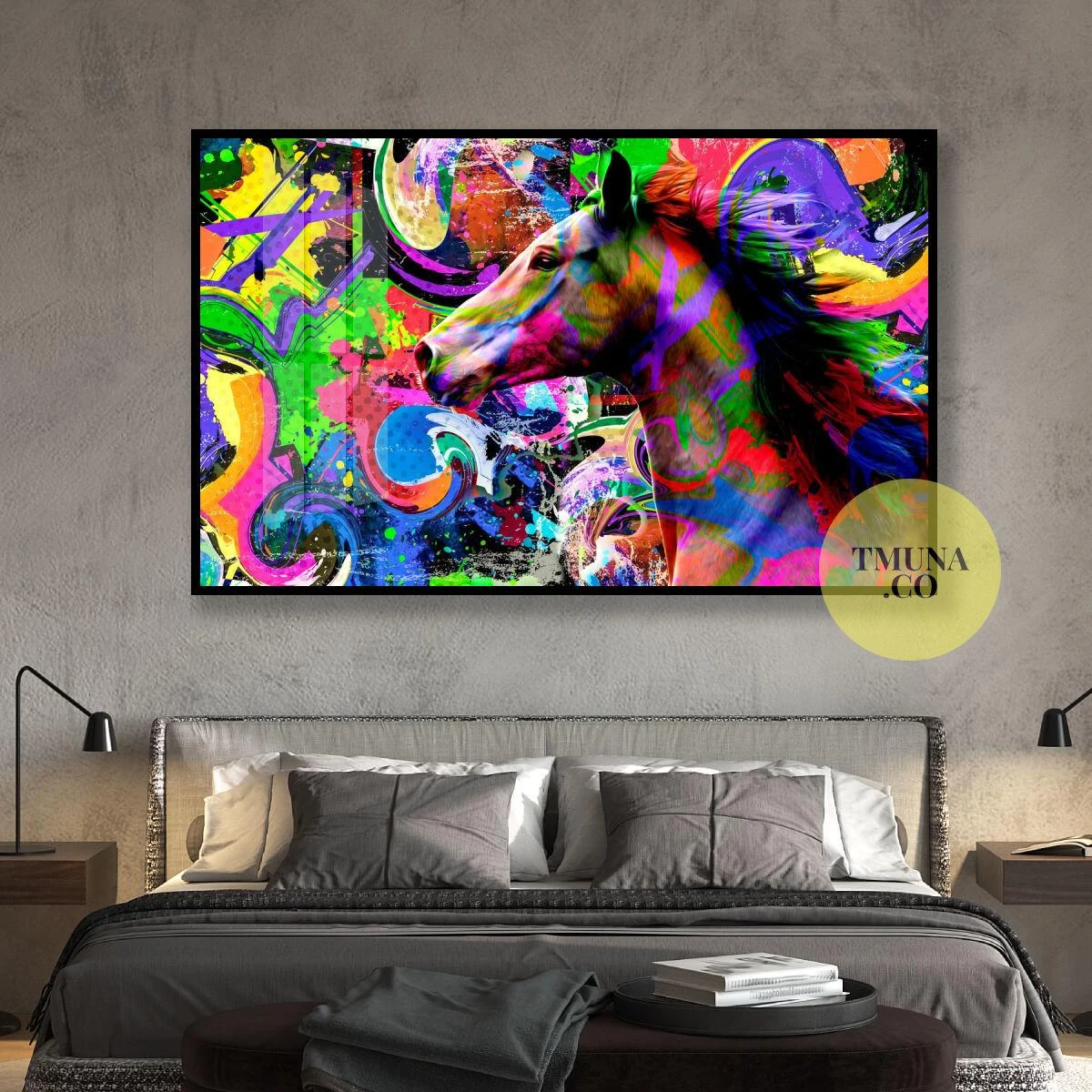 ציור בעלי חיים של סוס יפה על רקע בצבע צבעוני הדפסה על קנבס או זכוכית לתלייה בחדר שינה דגם 3728644