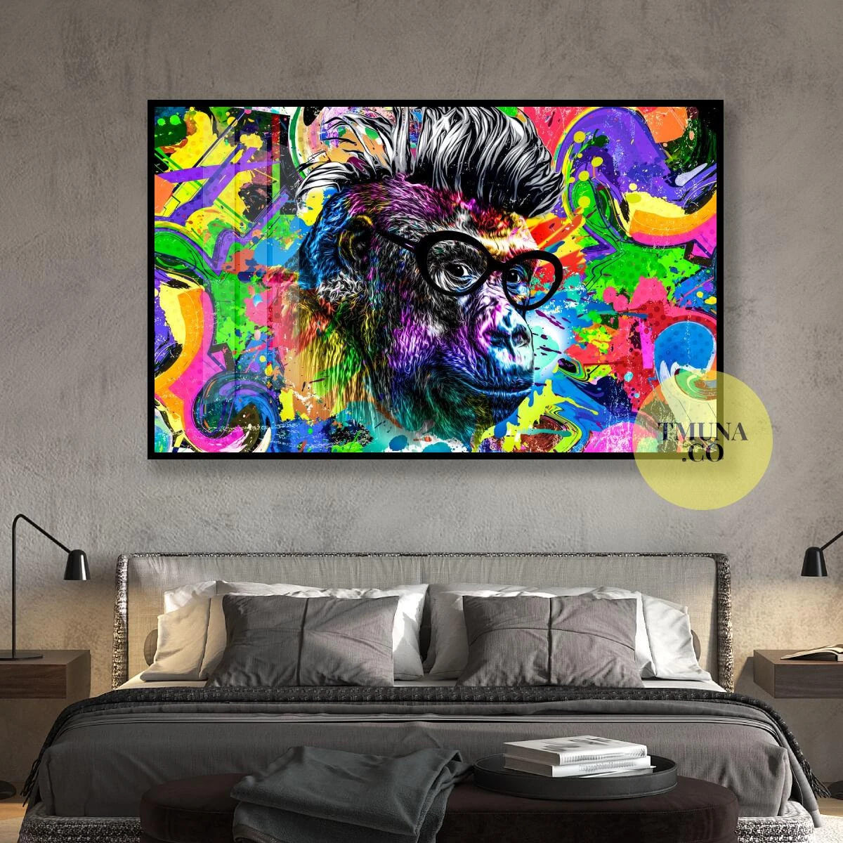 ציור מגניב של בעל חיים - קוף חכם בסגנון פופ ארט צבעוני הדפסה על קנבס או זכוכית לחדרי שינה או משרדים מעוצבים דגם 3728642