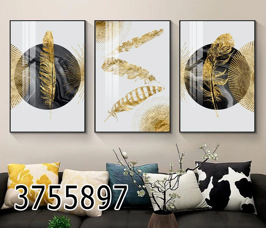 טריפל קנבס סט תמונות בגווני שחור לבן זהב 'נוצות' דגם 3755897