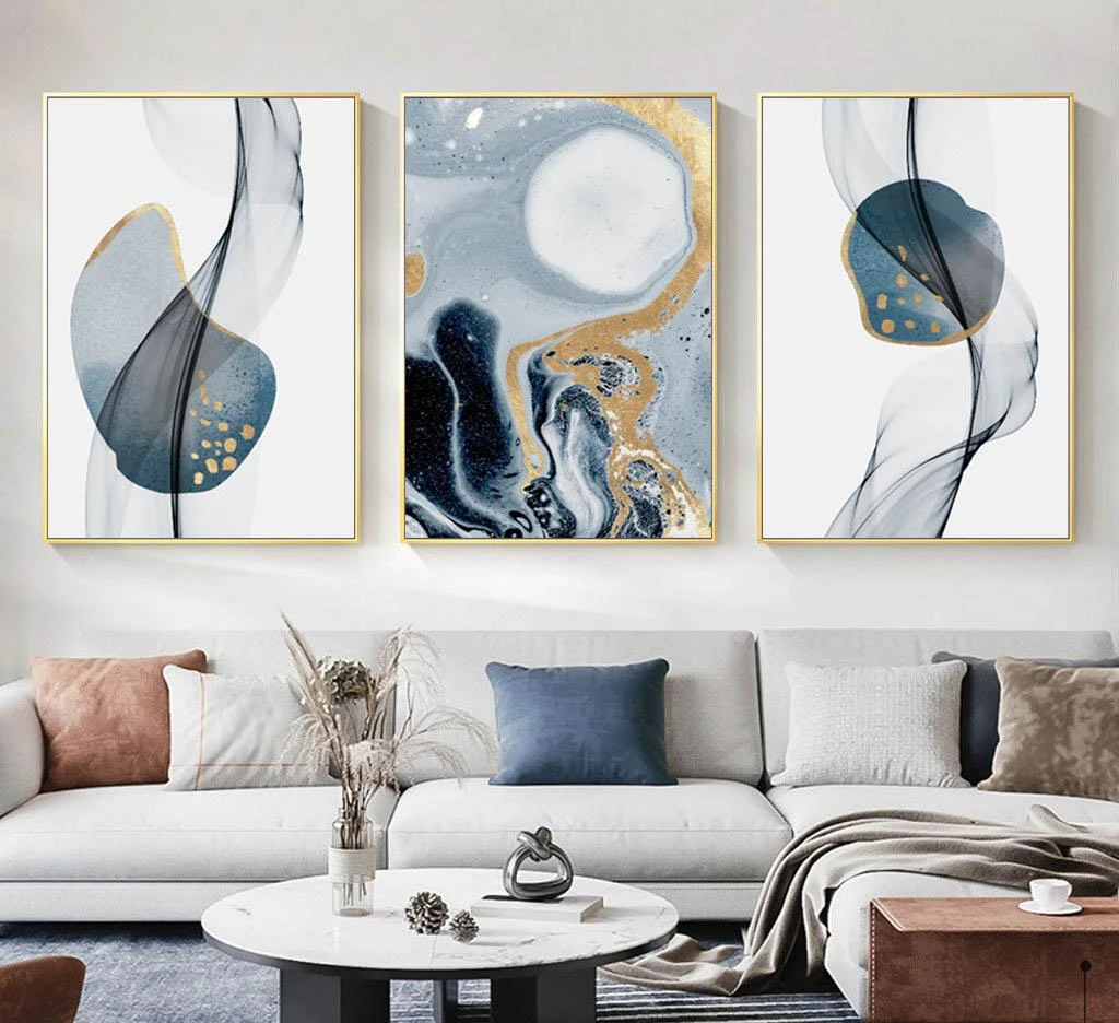 אמנות אבסטרקטית מודרנית שלישיית תמונות בגווני כחול לסלון או לקליניקה הדפסה על קנבס דגם 3728484