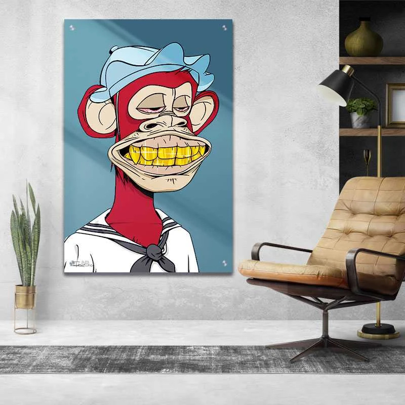 הקוף המעושן המפורסם תמונת זכוכית לקליניקה בגווני אדום, זהב, כחול הדפסה על זכוכית בעלי חיים - דגם alvtm46p2737