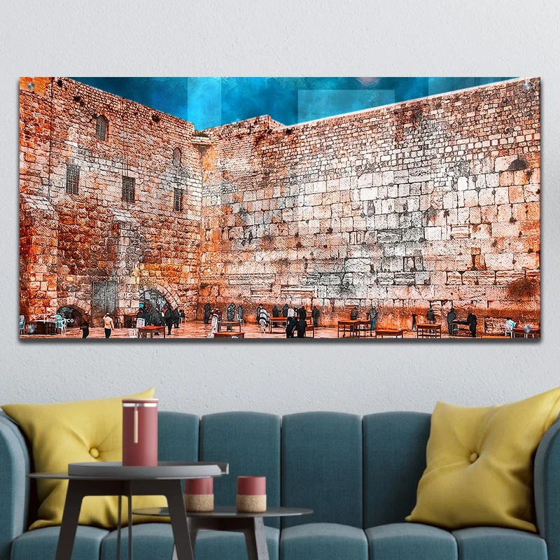 תמונת זכוכית הכותל ירושלים לסלון כותל רקע בהיר תמונת אמנות פופולארית על זכוכית בגווני אפור, ורוד, טורקיז - דגם galvtm46p2658