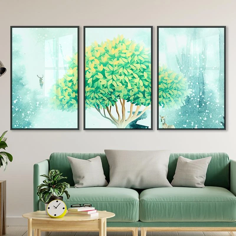 נוף טרופי - שלישיית תמונות מעוצבות לסלון מודרני בגוונים של ירוק דגם 135123