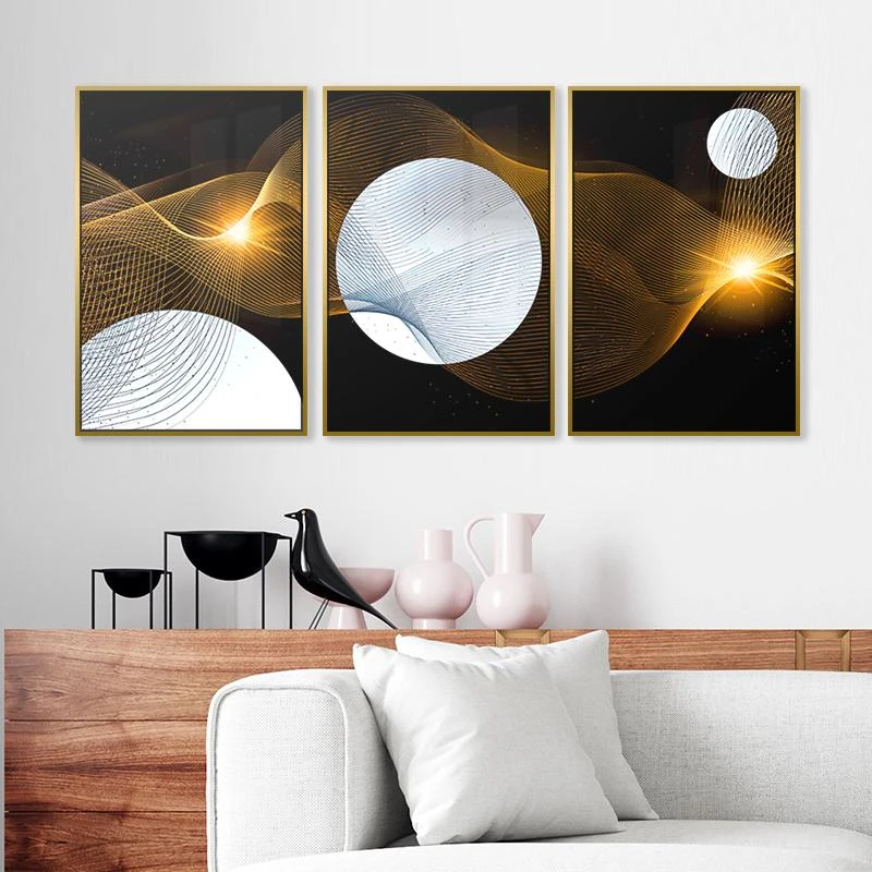 תמונות נאון חלל מודרניות בשחור לבן זהב שלישיית מיוחדת למשרד לסלון ממוסגרות דגם 135326