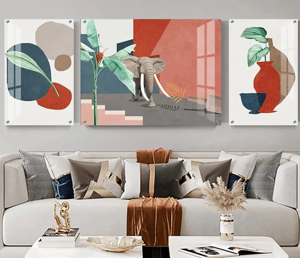 טרנדי: 3 תמונות זכוכית פילים בורדו ירוק בגווני כחול, כתום, אפור לחדר שינה - דגם g24361750