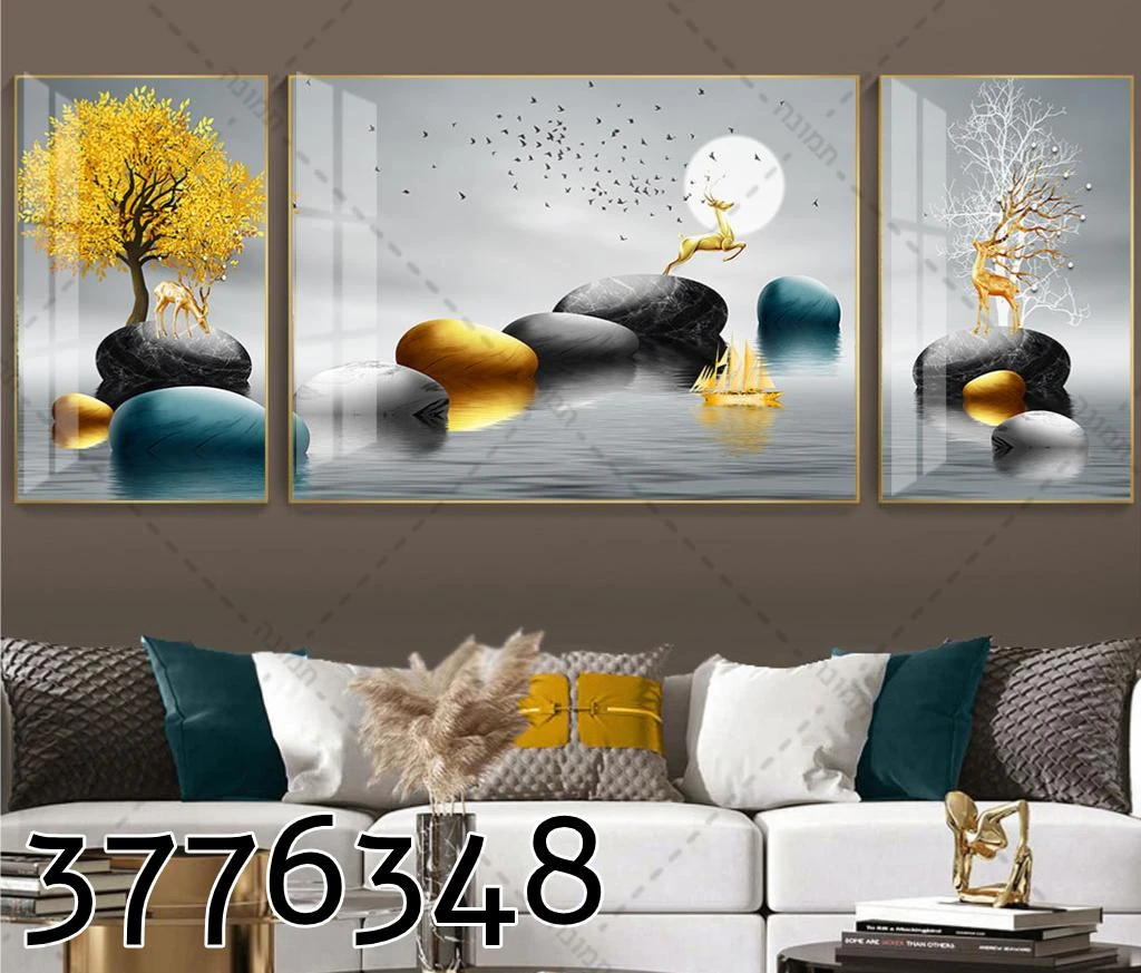 סט תמונות קנבס 'אבסטרקט איילות וחלוקי נחל' לסלון דגם 3776348