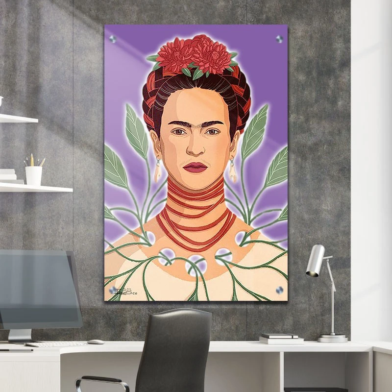 תמונת זכוכית פרידה קאלו לסלון עלים ירוקים תמונת אמנות פופולארית על זכוכית בגווני סגול, חום, ירוק - דגם galvtm47p2815