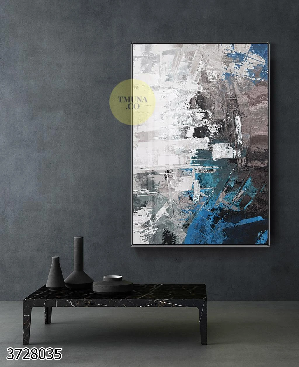 ציורים על קנבס | בצבעים כחול שחור אפור ולבן סגנון אבסטרקטי מהמם על קנבס לחדר שינה או סלון דגם 3728035