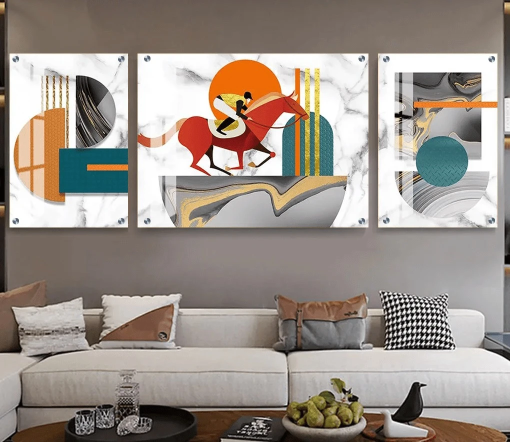 טרנדי: 3 תמונות זכוכית סוסים בגווני כתום, שחור, אפור, זהב לקליניקה - דגם g23848708