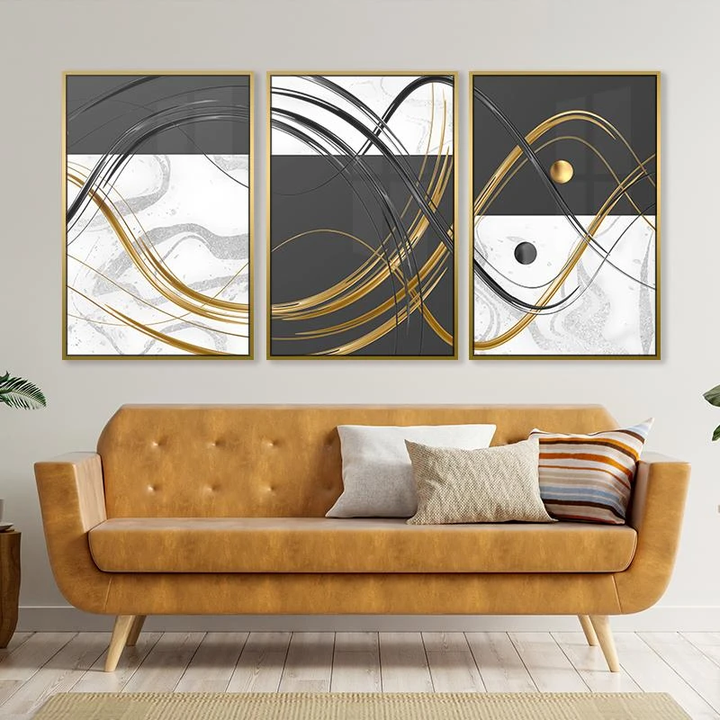 תמונות מודרניות בשחור לבן זהב שלישיית מיוחדת לסלון מוכנות לתלייה דגם 135325L