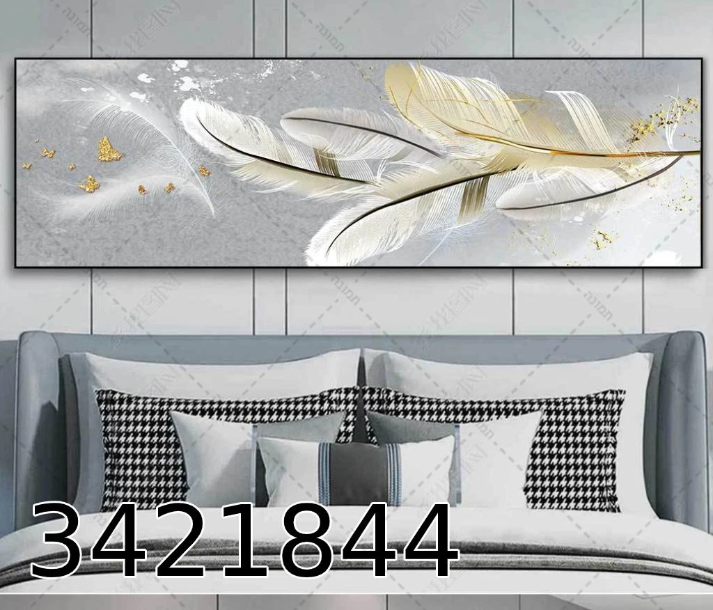 תמונת קנבס מאורכת לתלייה בחדר שינה 'נוצות ופרפרים לבן זהב' דגם 3421844