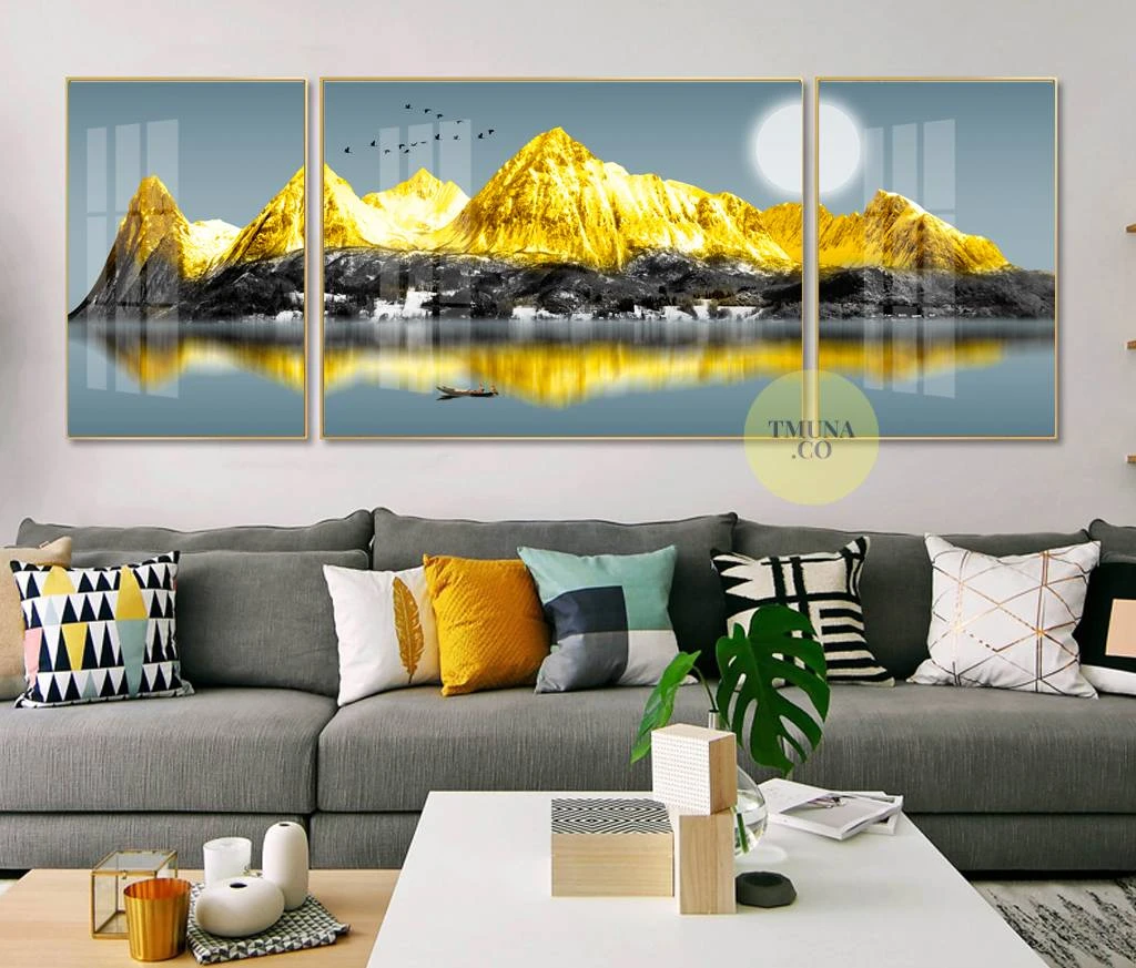 הרי הזהב על הים - סט מחולק על זכוכית של תמונות נוף לסלון דגם 3728524