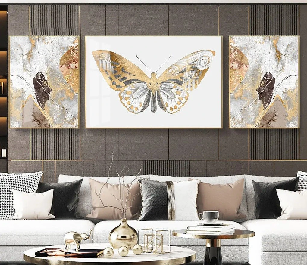 סט 3 תמונות קנבס של חיות פרפר הזהב עיצוב מיוחד פרפרים לקליניקה - דגם 23915954