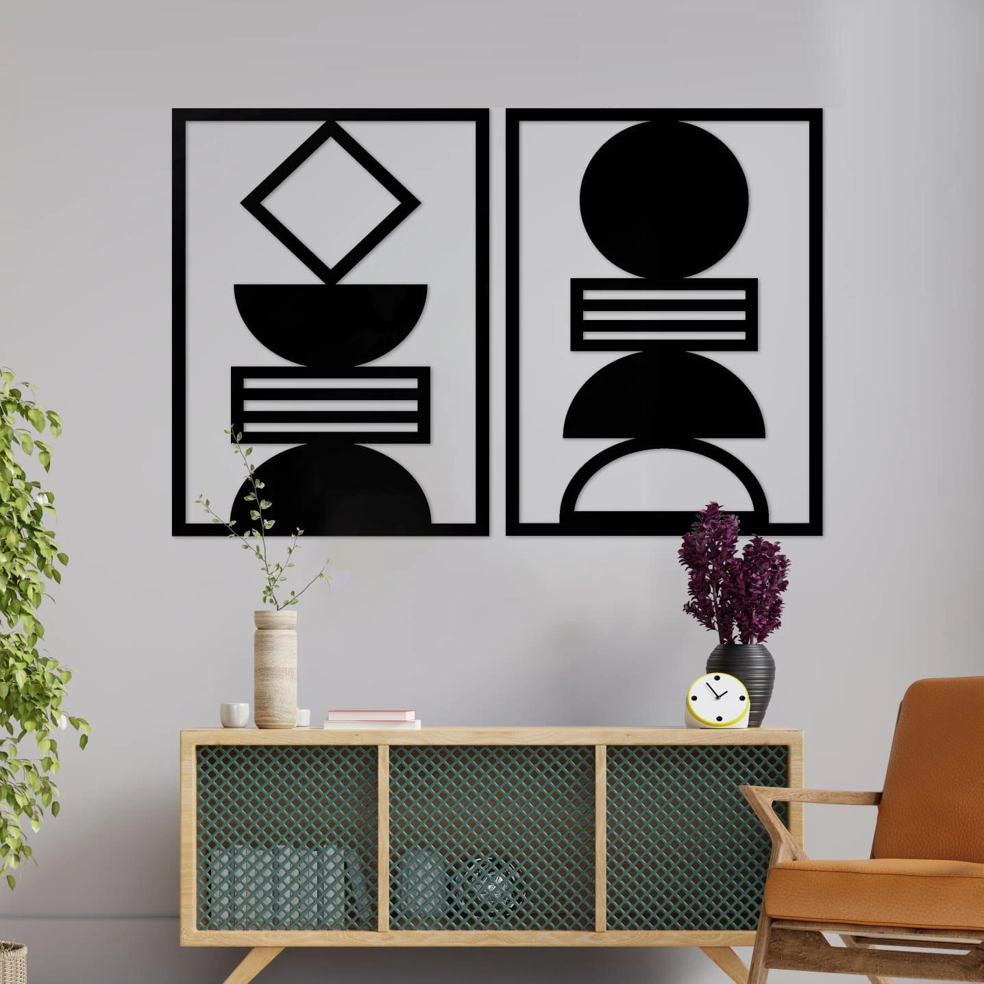צורות מינימליסטיות - זוג תמונות גיאומטריות לחדר שניה הורים וזוגות תמונה מיוחדת בחיתוך עץ דגם m128-m129