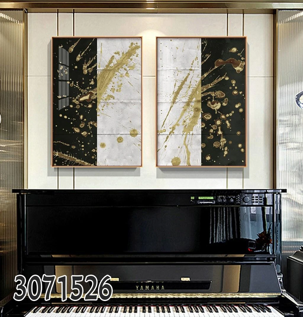 זוג תמונות קנבס מעוצבות בסגנון אבסטרקטי בגווני שחור זהב לתלייה במשרד מק"ט 3071526