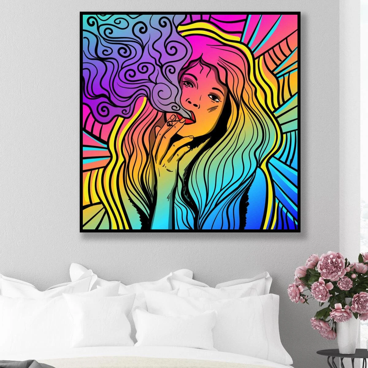 ציור אישה על רקע פופ ארט על קנבס או זכוכית תמונה לחדר שינה או שירותי אורחים דגם 3728174