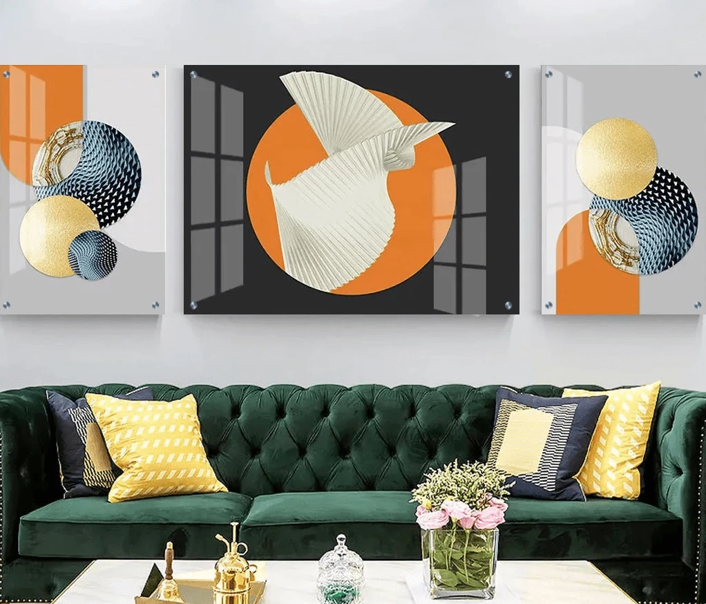 טרנדי: 3 תמונות זכוכית תלת מימד על רקע  אחיד בגווני שחור, אפור, כתום למטבח - דגם g24028780