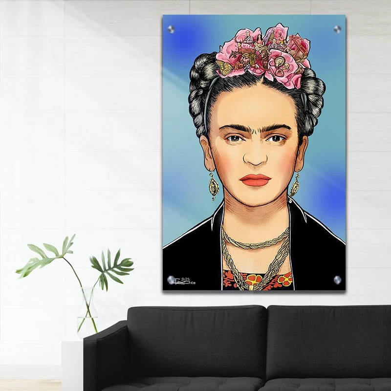 תמונת זכוכית Frida Kahlo לסלון פרח ורוד תמונת אמנות פופולארית על זכוכית בגווני כחול, שחור, חום - דגם galvtm47p2824