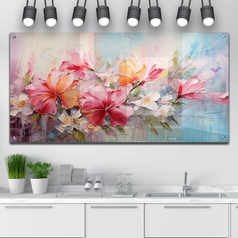 ציור לסלון מודרני מופשט עם אלמנטים מתכתיים - תמונות קיר גדולות לסלון פרחים וצמחים דגם 192689