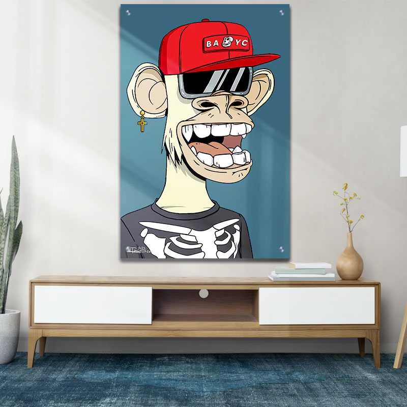 קוף כובע אדום תמונת זכוכית לסלון בגווני אדום, כחול, חום הדפסה על זכוכית בעלי חיים - דגם alvtm46p2743