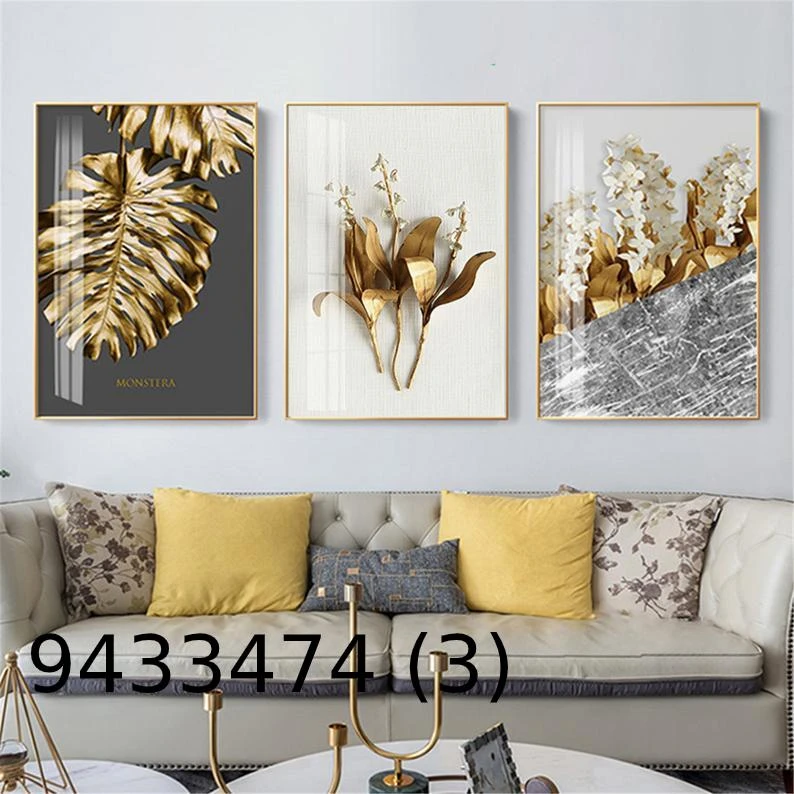 סט שלישית זכוכית עלים זהובים תלת מימד לתלייה בחדר שינה9433474 (3)