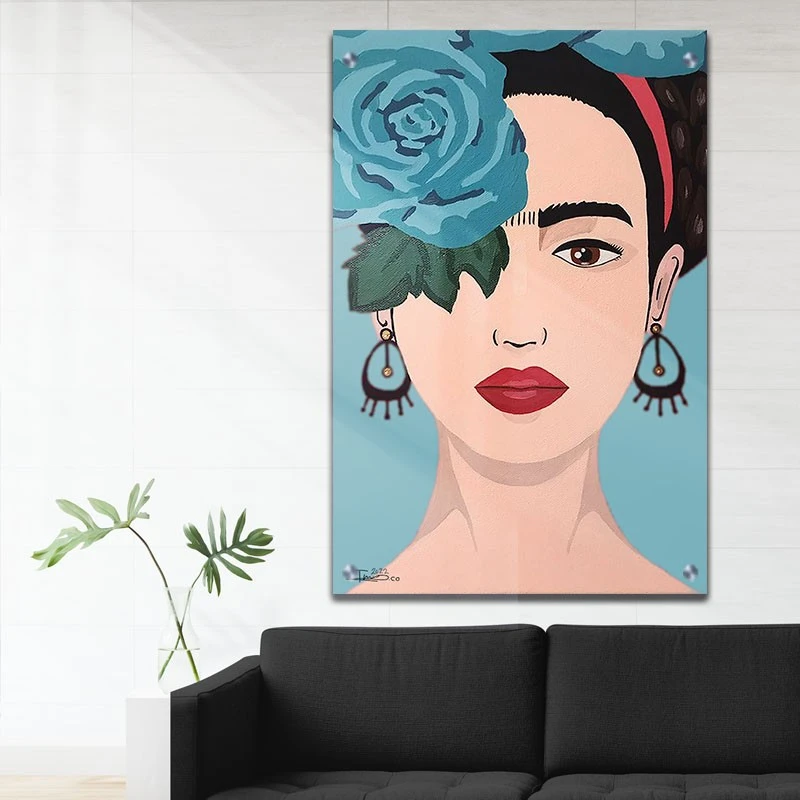 תמונת זכוכית פרידה קאלו לחדר שינה פרח כחול תמונת אמנות פופולארית על זכוכית בגווני כחול, חום - דגם galvtm47p2823