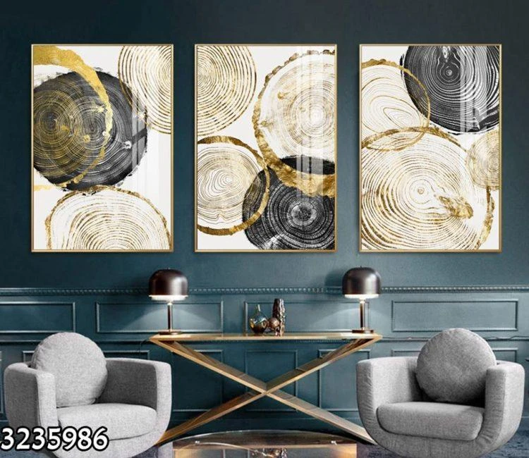 סט 3 תמונות אבסטרקט שחור, לבן זהב   עם מסגרות 3235986