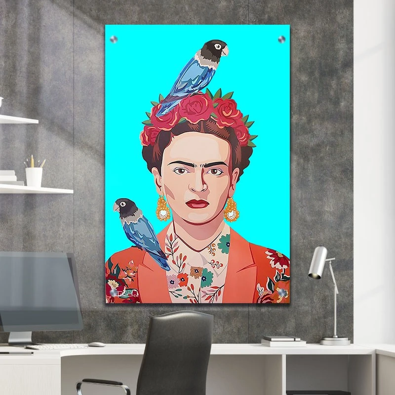 פרידה קאלו תמונת זכוכית לחדר שינה ציפור כחולה תמונת אמנות פופולארית על זכוכית בגווני מומנט, כתום - דגם galvtm47p2814