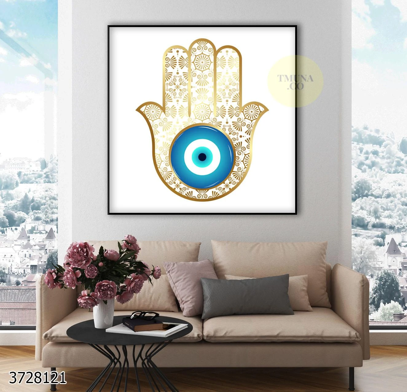 תמונה של חמסה עם עין כחולה על קנבס - בסגנון טרנדי וחדשני לסלון לפינת אוכל או משרד דגם 3728121