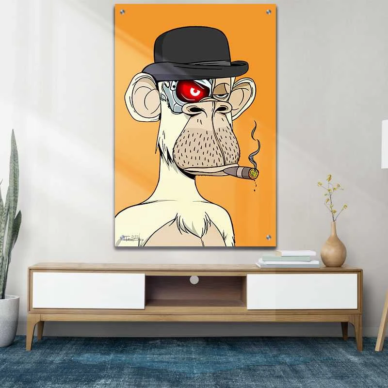 הקוף שמנגד תמונת זכוכית לסלון בגווני כתום, צהוב, חום הדפסה על זכוכית בעלי חיים - דגם alvtm46p2740