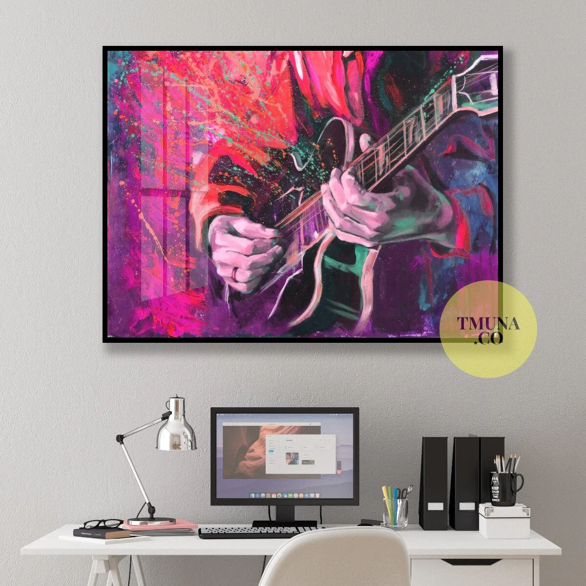 ציור מגניב של גיטריסט לתליה באולפני הקלטות או חדרי נוער הדפסה על קנבס או זכוכית דגם 3728653
