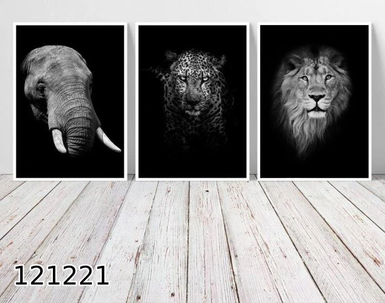 טריפל תמונות קנבס מעוצבות לחדר או למשרד 'שומרי גן החיות' בעלי חיים קרנף נמר שחור לבן דגם 121221