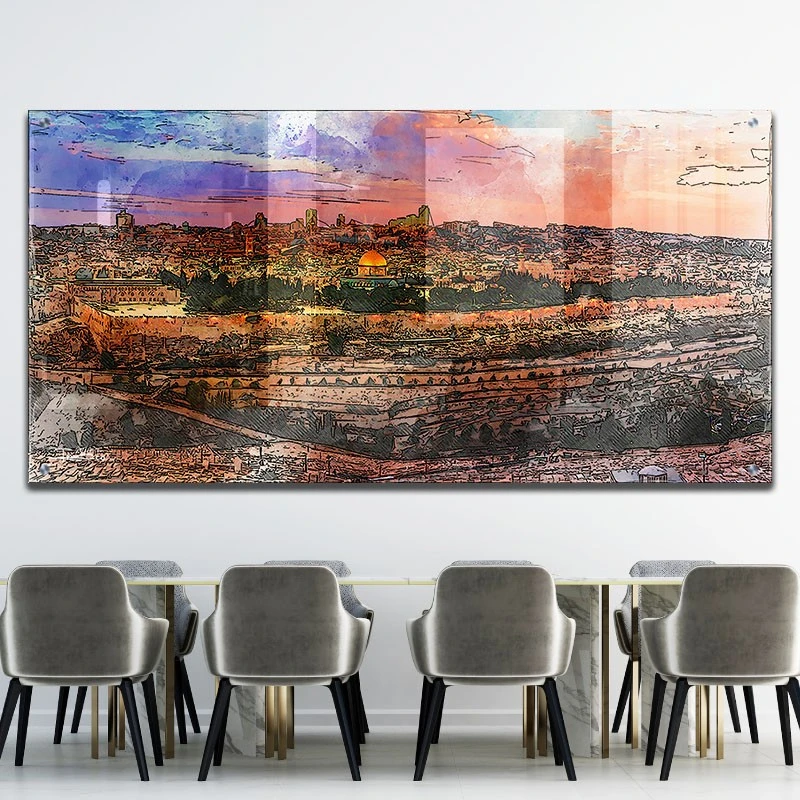 תמונת זכוכית של הכותל ירושלים לפינת אוכל כותל מריחות צבע תמונת אמנות פופולארית על זכוכית בגווני צבעוני,אדום, כחול, זהב - דגם galvtm46p2669