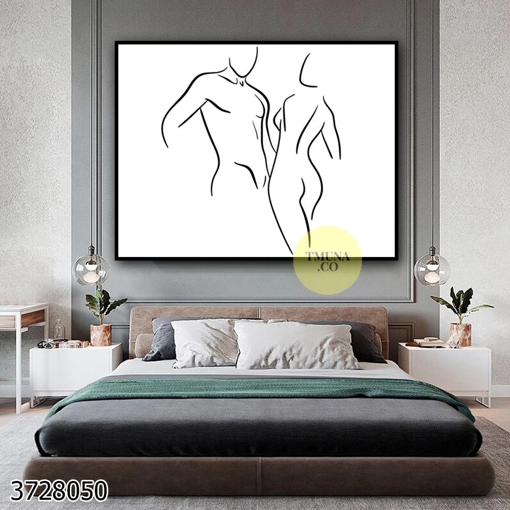 רגע של אהבה תמונות קו שחור לבן להדפסה על קנבס מינימליסטית לחדר שינה דגם 3728050
