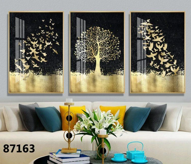 'עץ החיים שחור זהב' _ סט 3 תמונות קנבס לסלון דגם 87163