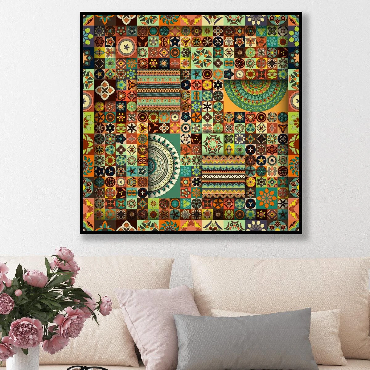 תמונה אומנותית של מנדלות בתמונה אחת הדפסה על קנבס או זכוכית לסלון או לפינת אוכל דגם 3728280