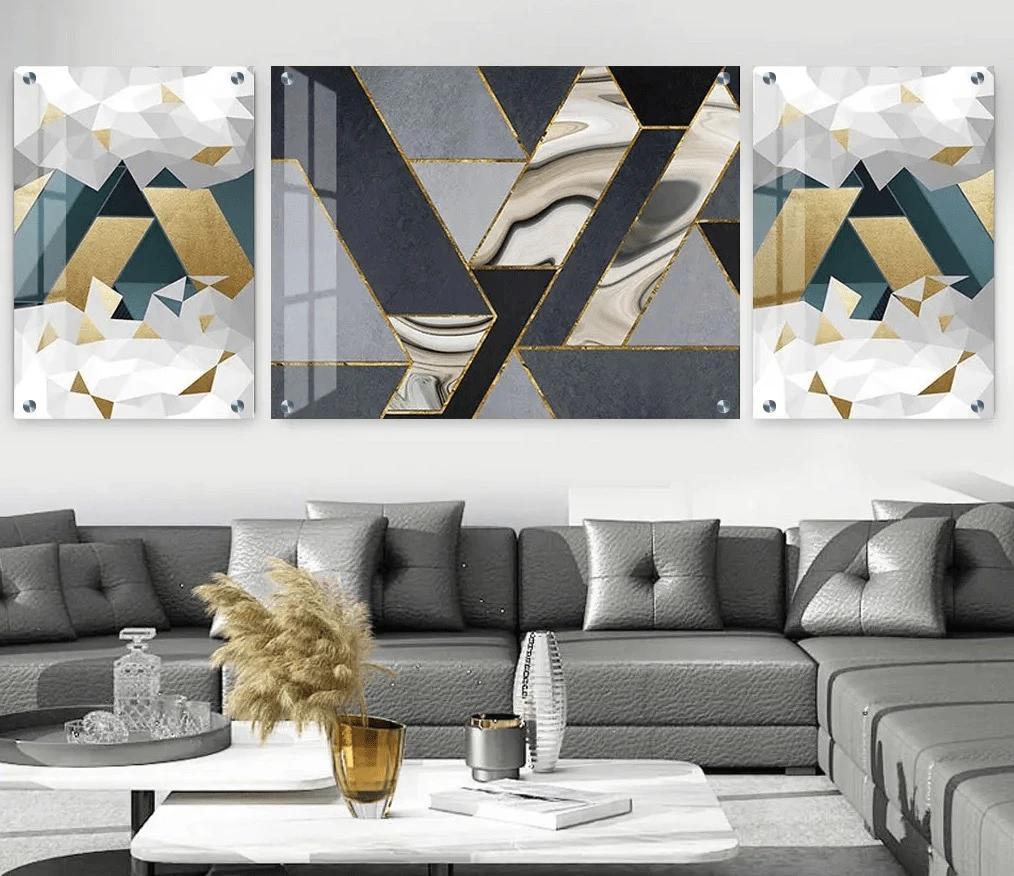 טרנדי: 3 תמונות זכוכית גיאומטרי מודרני בגווני שחור, אפור, זהב לסלון - דגם g23932600