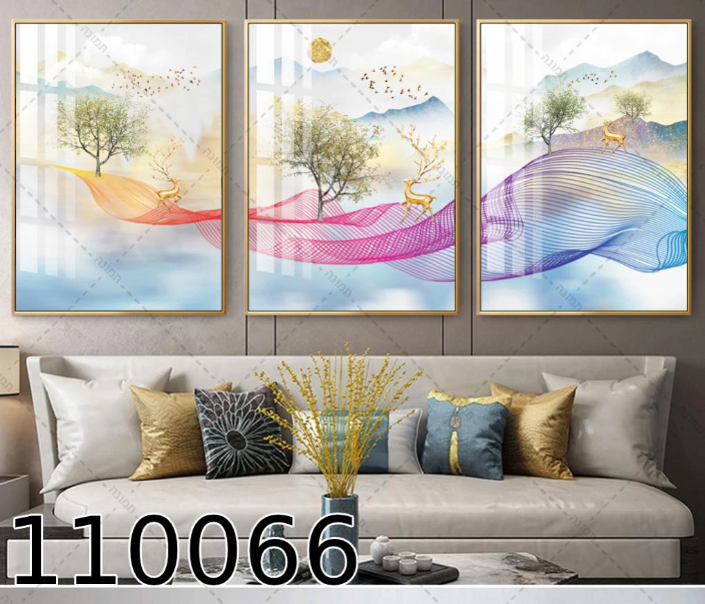 שלישית תמונות לתליה בסלון 'אבסטרקט איילים צבעוני' דגם 110066