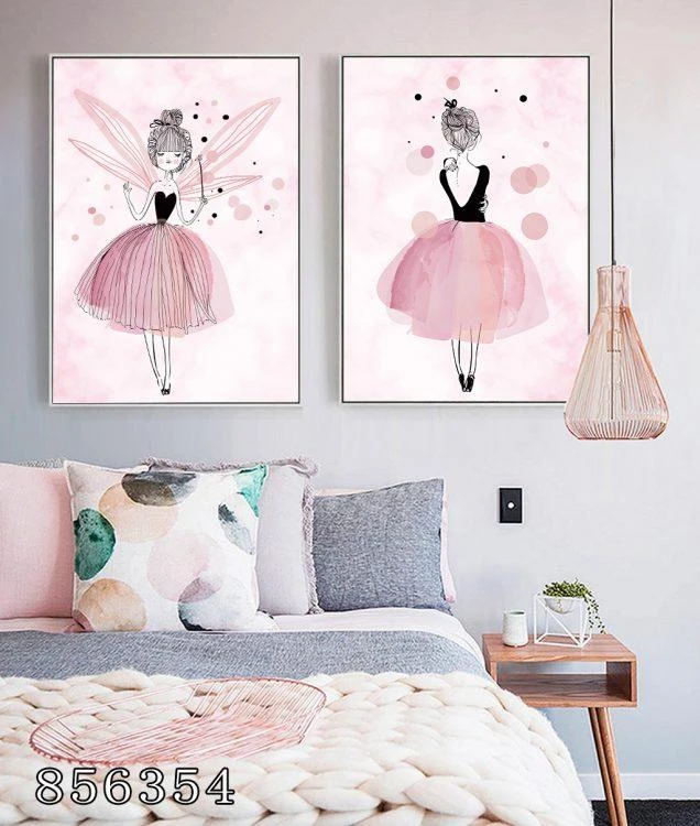 תמונות קיר של רקדנית בלט - סט 2 ציורים יפים על קנבס לחדר ילדים בנות דגם 856354