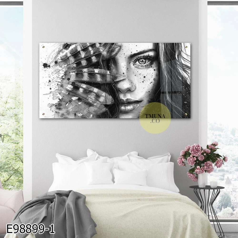 אמלי - תמונה יוקרתית מזכוכית לחדר שינה בשחור לבן דגם E98899-1