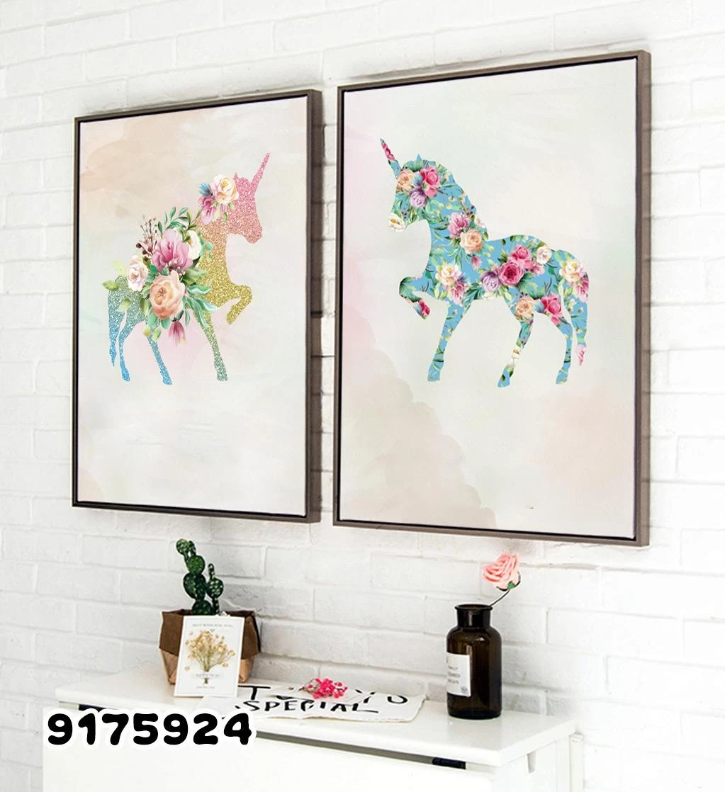 תמונות קנבס 'סוס ופרח' סט תמונות לחדר ילדים בנות מק"ט 9175924