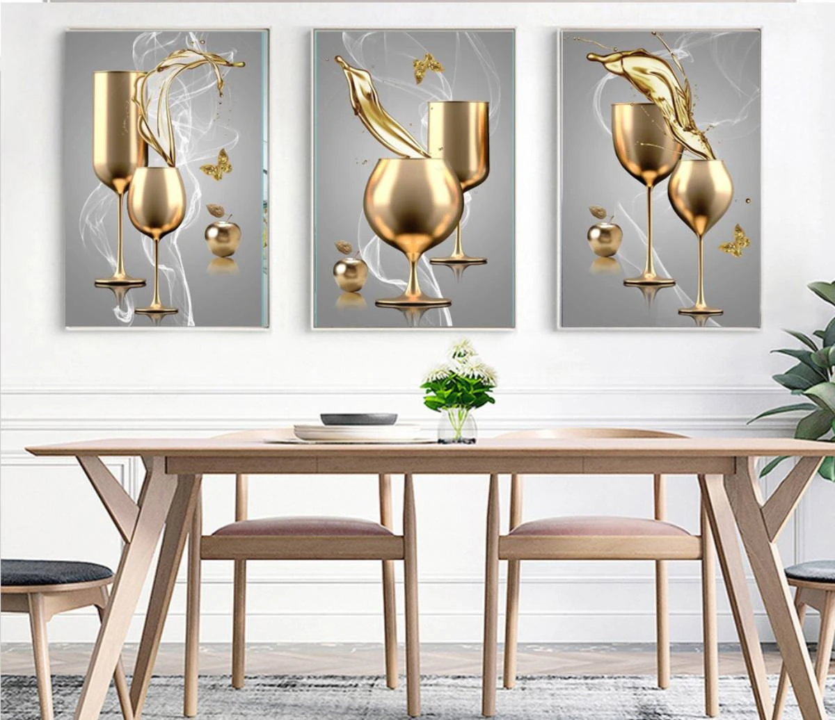 סט 3 תמונות זכוכית לפינת אוכל או למטבח של כוסות יין זהב דגם 3728508