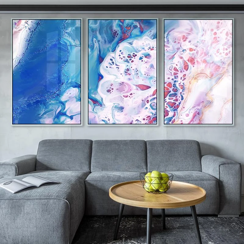 האוקיינוס ההודי - סט 3 תמונות אבסטרקטיות בצבעי כחול טורקיז לבן לתלייה בסלון במשרד 135114