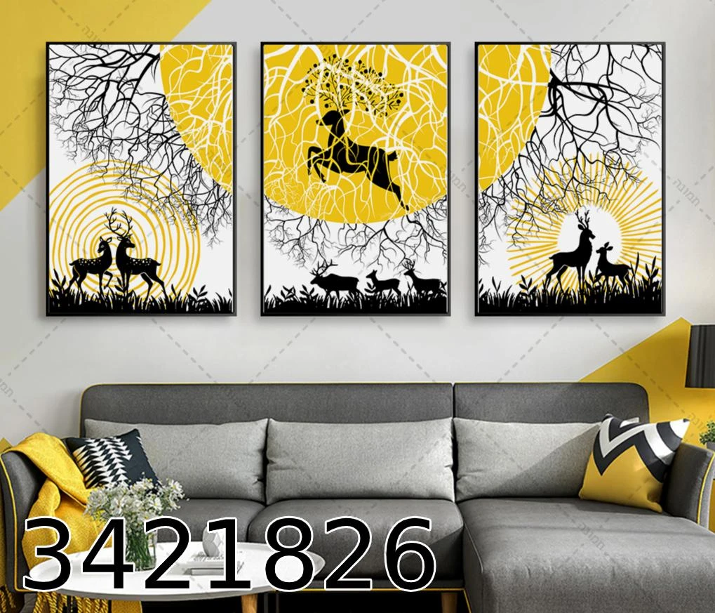 סט ציורים 'איילים בערבה' לתלייה בסלון דגם 3421826