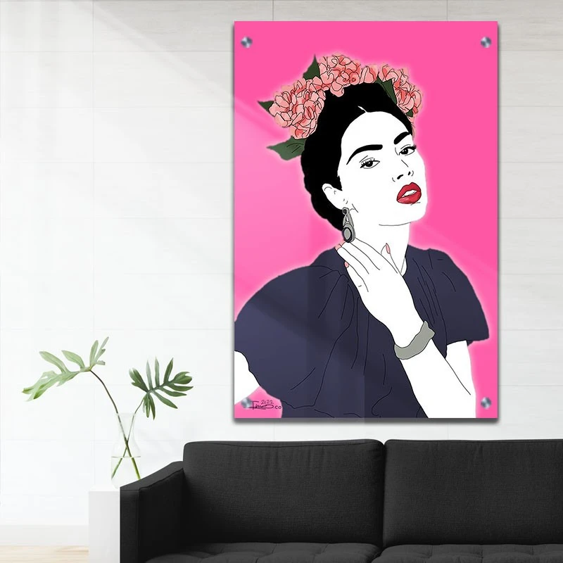 תמונת זכוכית Frida Kahlo לקליניקה חלון של יופי תמונת אמנות פופולארית על זכוכית בגווני ורוד, אפור - דגם galvtm47p2828