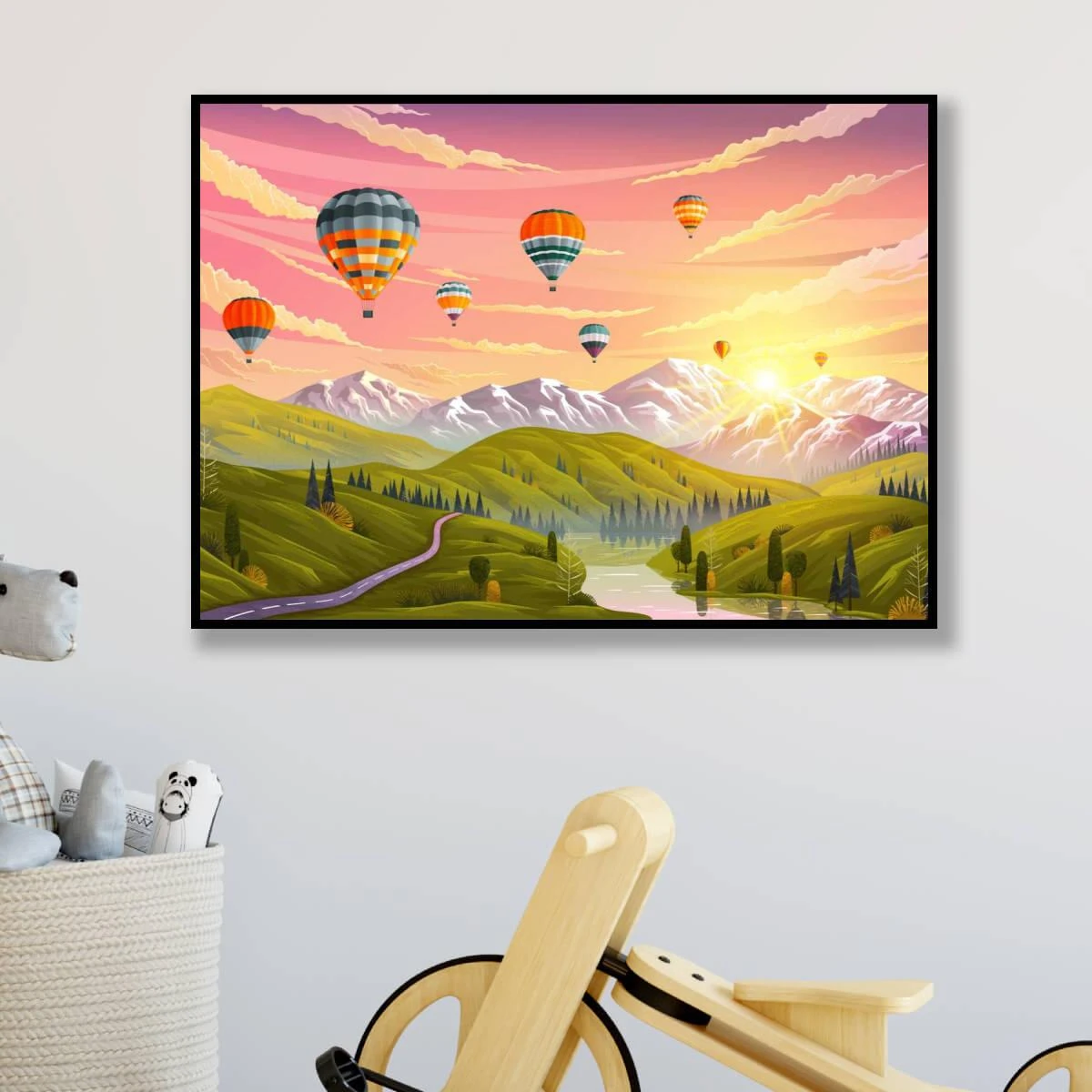 כדורים פורחים בשמיים ורודים – ציור יפה לחדרי ילדים וחדרי בנות על זכוכית או קנבס דגם 3728318